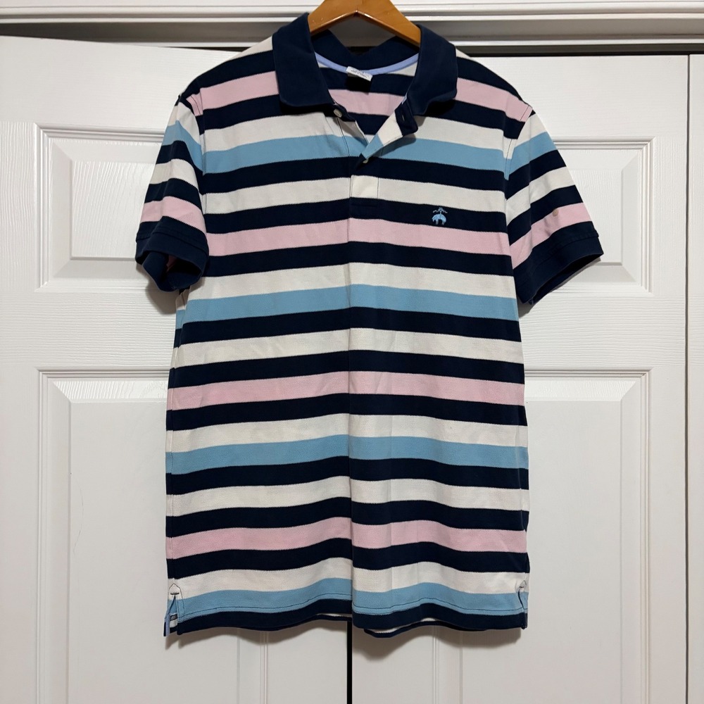 Brooks Brothers Polo Mens L Blue White Stripe Logo Preppy Academic Cotton Golf